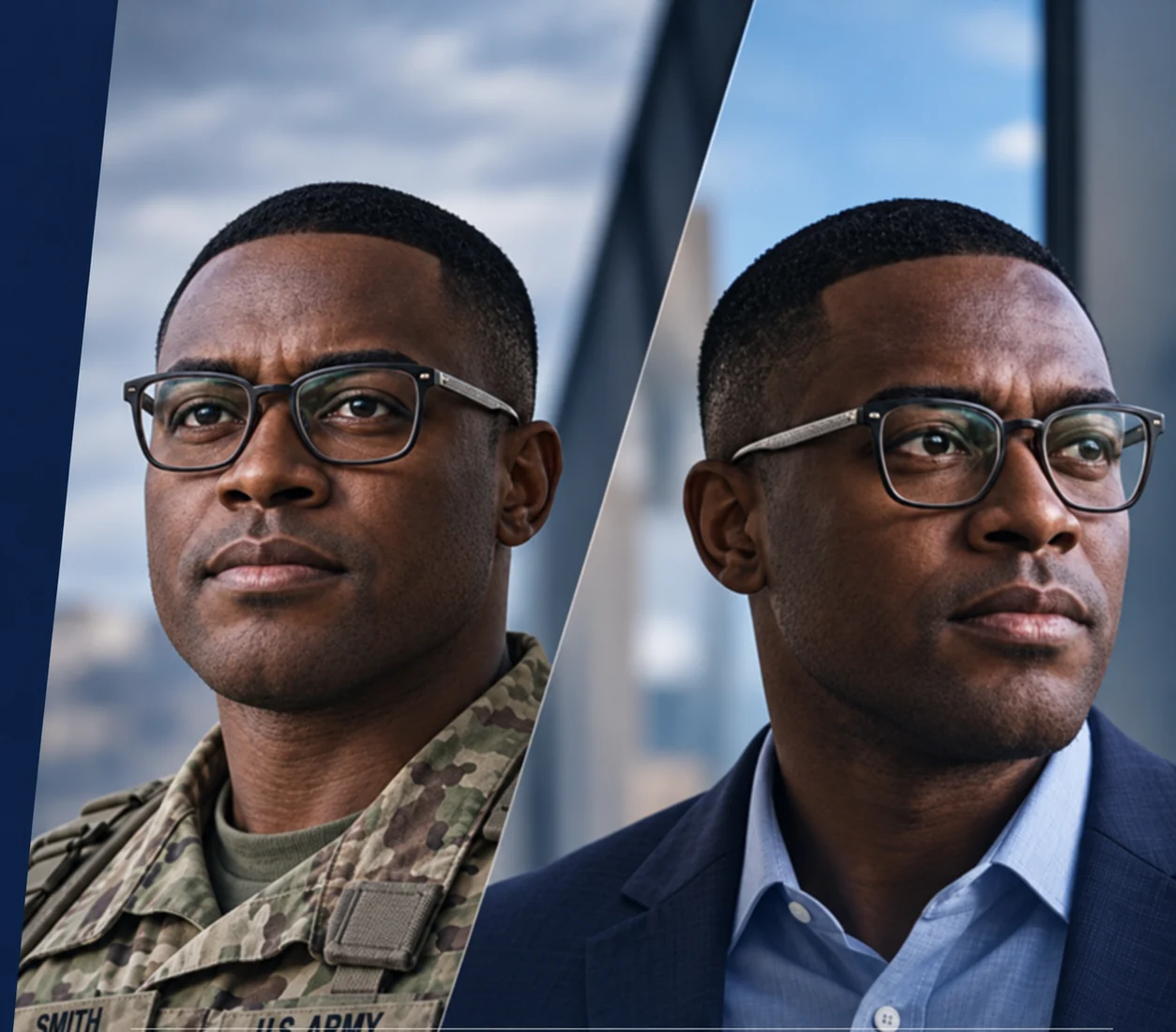 The same Veteran shown in Army uniform and civilian professional attire