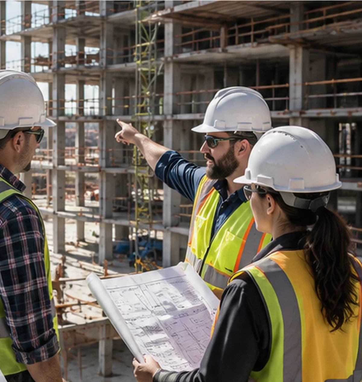 Construction leaders reviewing plans together on an active building site